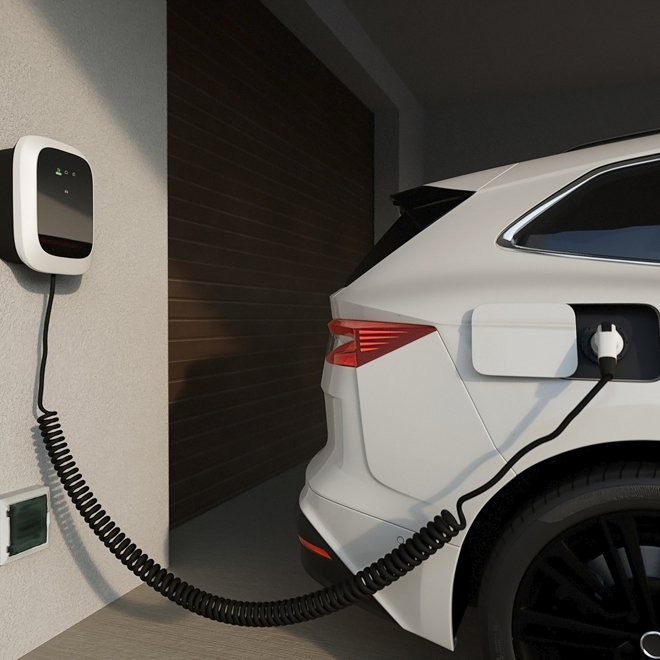 A white EV connected to a wall charger
